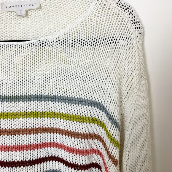 Lovestitch Beige Muted Rainbow Stripe Boxy Knit Sweater Small - Picture 3 of 7